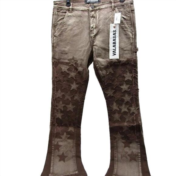 NEW VALABASAS men’s v-stars stacked flare jeans in brown wash